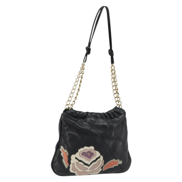 CHANEL Wild Stitch Chain Shoulder Bag Lamb Skin Black Gold CC Auth 185441M