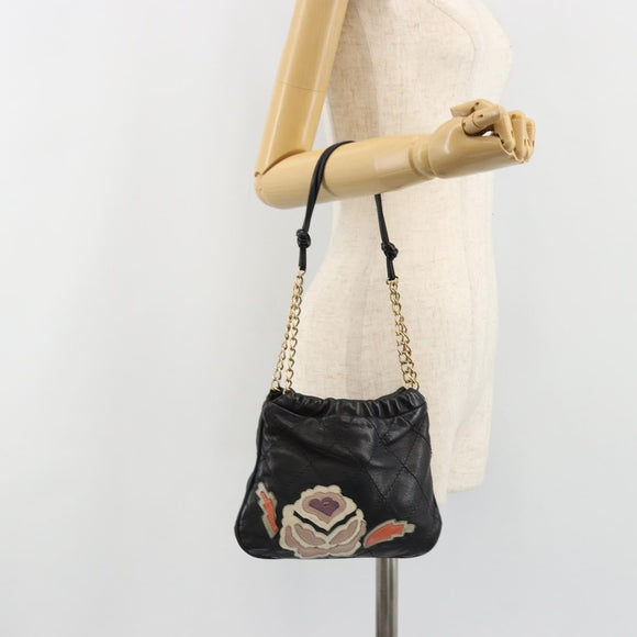 CHANEL Wild Stitch Chain Shoulder Bag Lamb Skin Black Gold CC Auth 185441M