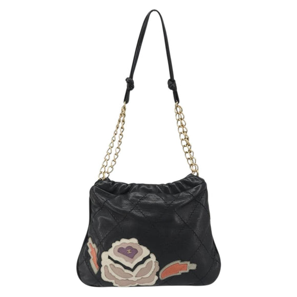 CHANEL Wild Stitch Chain Shoulder Bag Lamb Skin Black Gold CC Auth 185441M