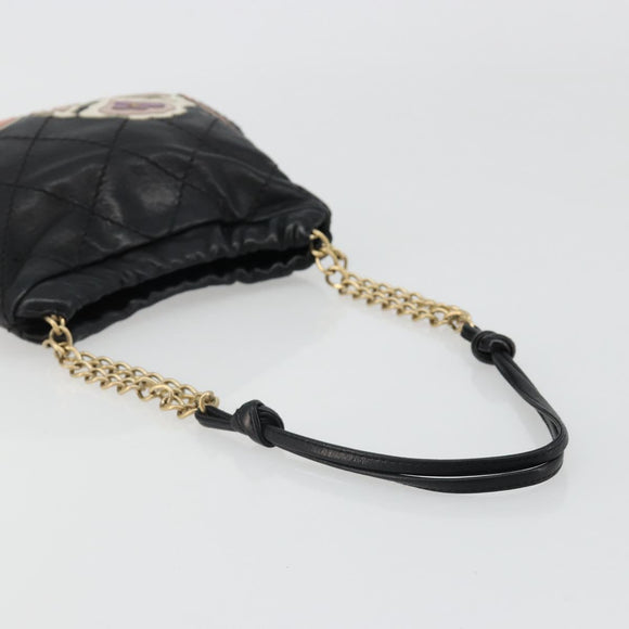 CHANEL Wild Stitch Chain Shoulder Bag Lamb Skin Black Gold CC Auth 185441M