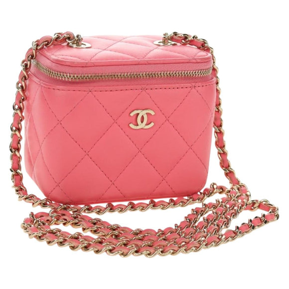 CHANEL Chain Vanity Shoulder Bag Lamb Skin Pink Gold CC Auth 185442SAM