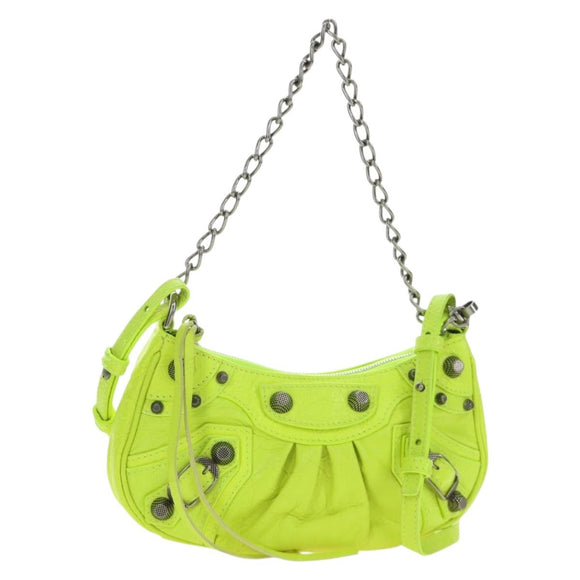 BALENCIAGA Chain Le Cagole Mini Bag Leather 2way Green Silver Auth 185444M