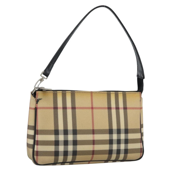 BURBERRY Nova Check Accessory Pouch PVC Beige Silver Auth 185460