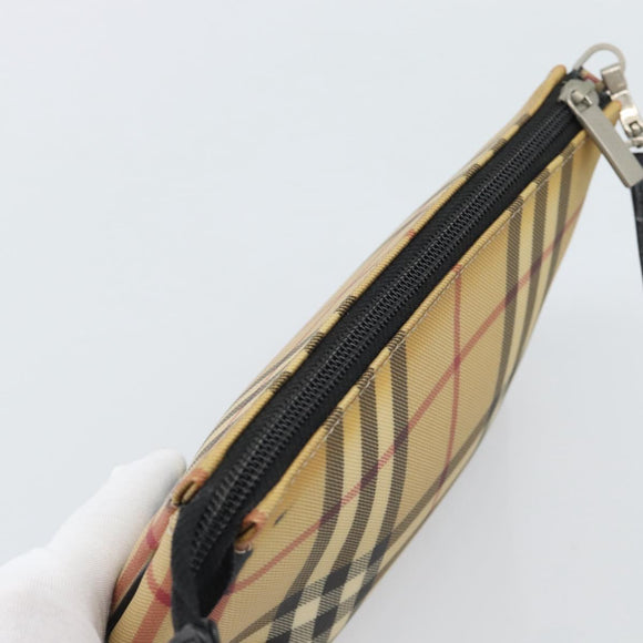 BURBERRY Nova Check Accessory Pouch PVC Beige Silver Auth 185460