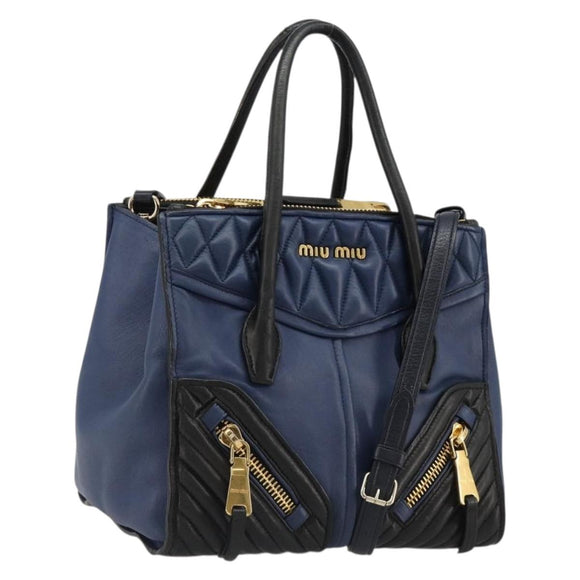 Miu Miu Biker Matelasse Hand Bag Leather 2way Navy Gold Auth 185462