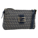 FENDI Zucchino Canvas Mamma Baguette Shoulder Bag Navy Silver Auth 185465V-1