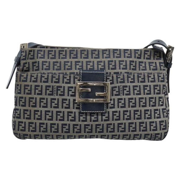 FENDI Zucchino Canvas Mamma Baguette Shoulder Bag Navy Silver Auth 185465V