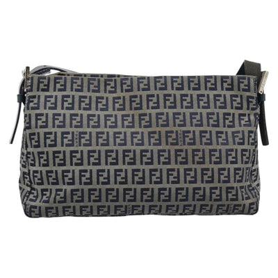 FENDI Zucchino Canvas Mamma Baguette Shoulder Bag Navy Silver Auth 185465V - 0