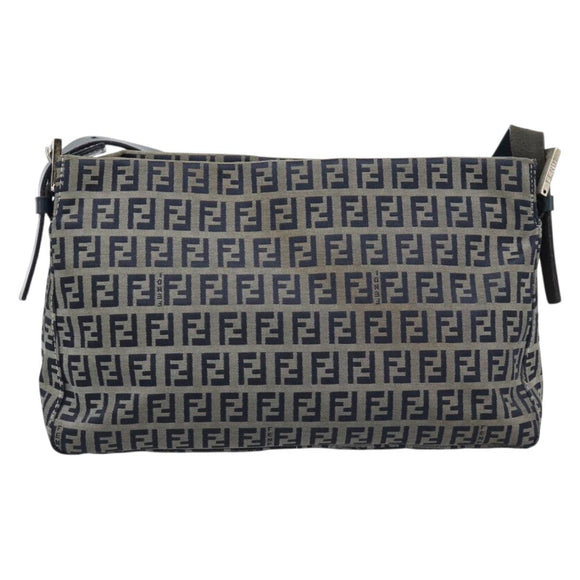 FENDI Zucchino Canvas Mamma Baguette Shoulder Bag Navy Silver Auth 185465V