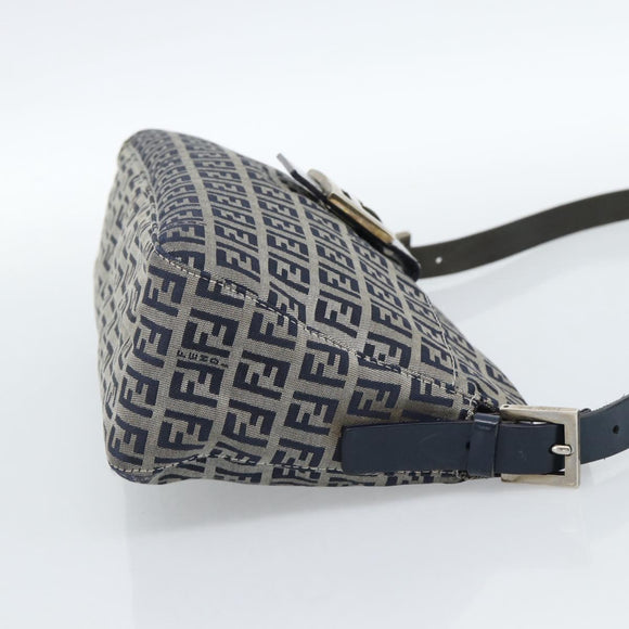 FENDI Zucchino Canvas Mamma Baguette Shoulder Bag Navy Silver Auth 185465V