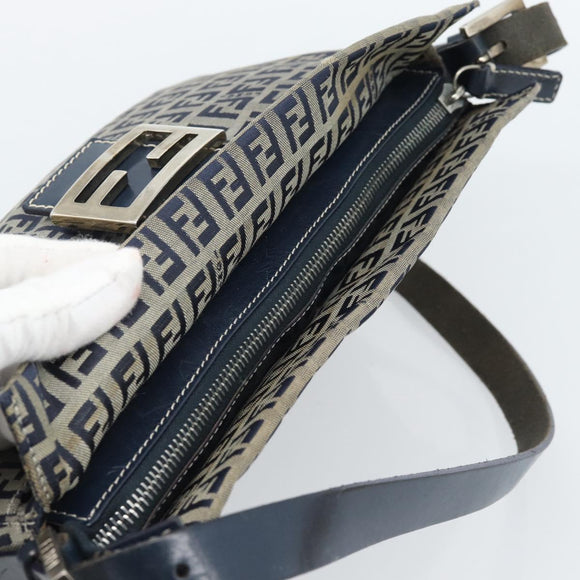 FENDI Zucchino Canvas Mamma Baguette Shoulder Bag Navy Silver Auth 185465V