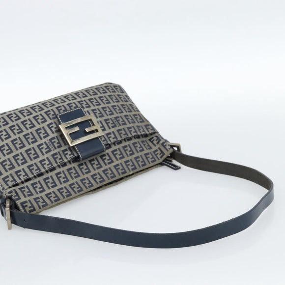FENDI Zucchino Canvas Mamma Baguette Shoulder Bag Navy Silver Auth 185465V