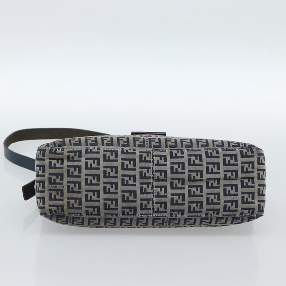 FENDI Zucchino Canvas Mamma Baguette Shoulder Bag Navy Silver Auth 185465V