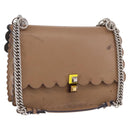 FENDI Chain Canai Shoulder Bag Leather Beige Silver Auth 185488-1