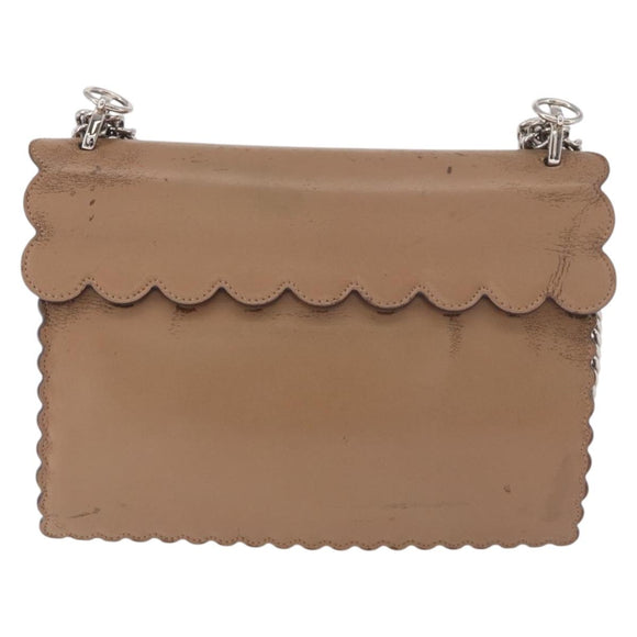 FENDI Chain Canai Shoulder Bag Leather Beige Silver Auth 185488