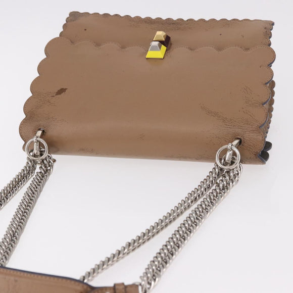 FENDI Chain Canai Shoulder Bag Leather Beige Silver Auth 185488