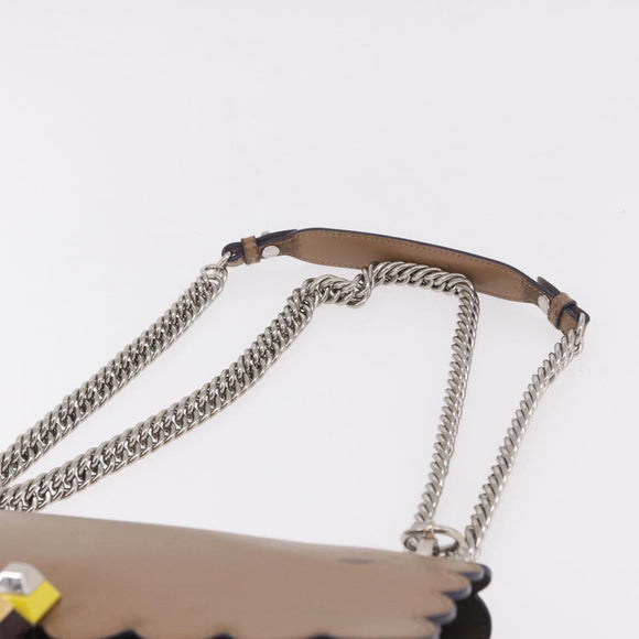 FENDI Chain Canai Shoulder Bag Leather Beige Silver Auth 185488