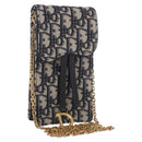 Christian Dior Trotter Canvas Saddle Chain Phone Holder Navy Gold Auth 185492M-1