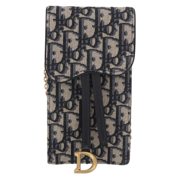 Christian Dior Trotter Canvas Saddle Chain Phone Holder Navy Gold Auth 185492M