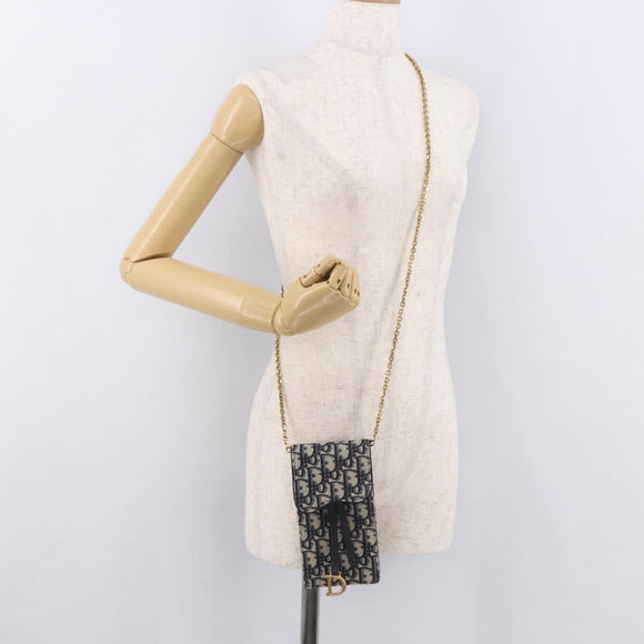 Christian Dior Trotter Canvas Saddle Chain Phone Holder Navy Gold Auth 185492M