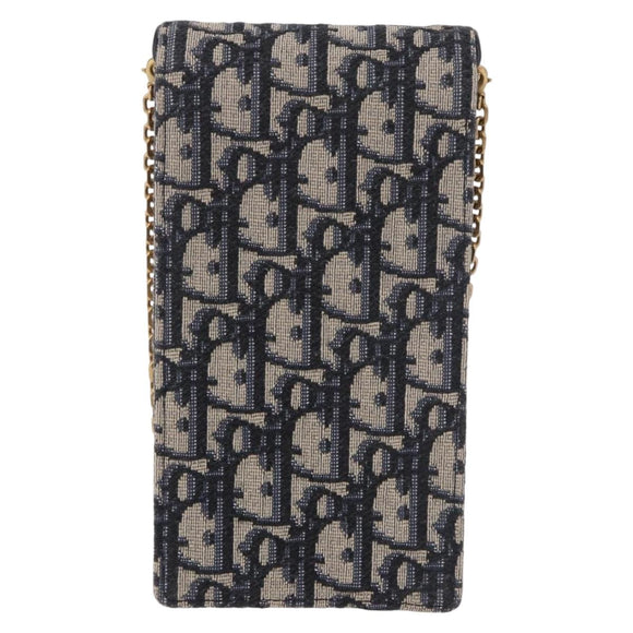 Christian Dior Trotter Canvas Saddle Chain Phone Holder Navy Gold Auth 185492M