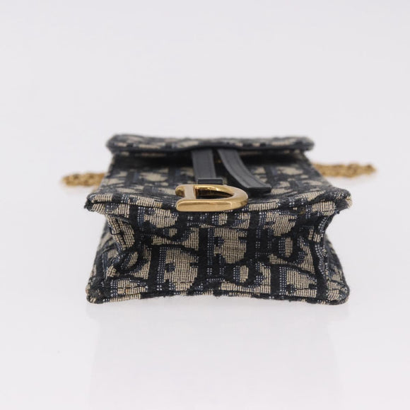 Christian Dior Trotter Canvas Saddle Chain Phone Holder Navy Gold Auth 185492M