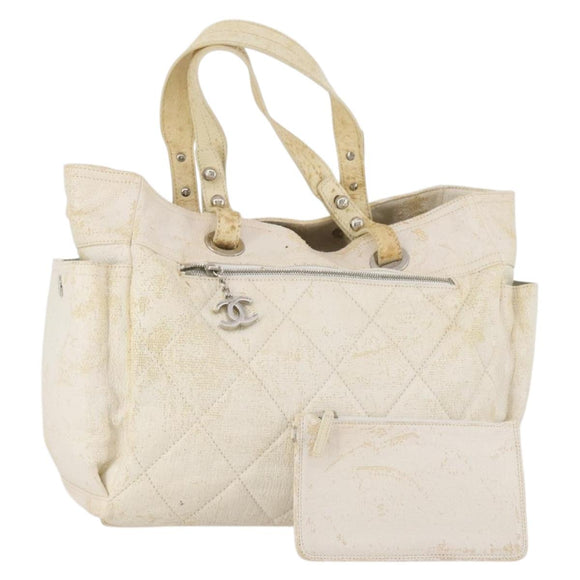 CHANEL Paris Biarritz GM Hand Bag Canvas White Silver CC Auth 185503