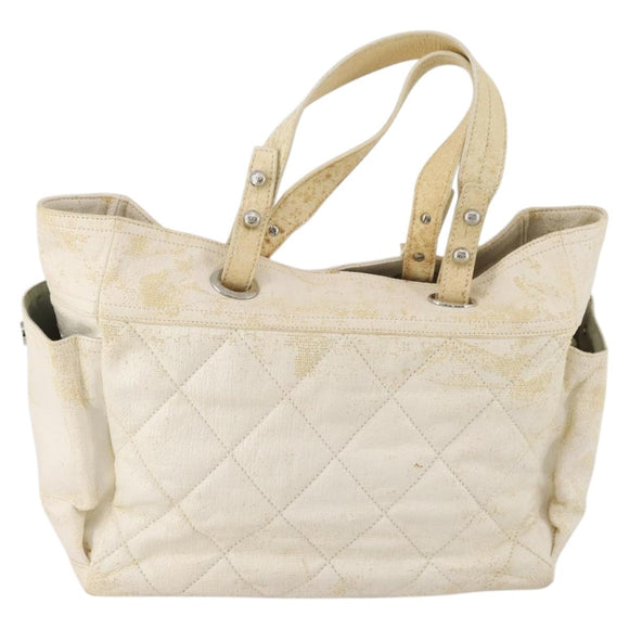 CHANEL Paris Biarritz GM Hand Bag Canvas White Silver CC Auth 185503