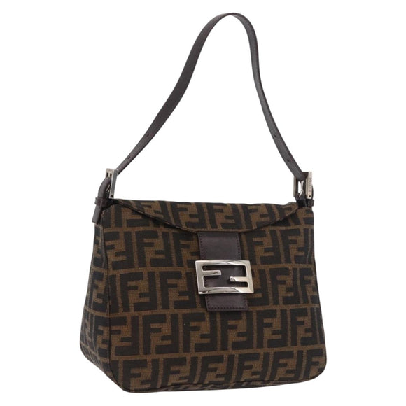 FENDI Zucca Canvas Mamma Baguette Shoulder Bag Black Brown Auth 185507SAV