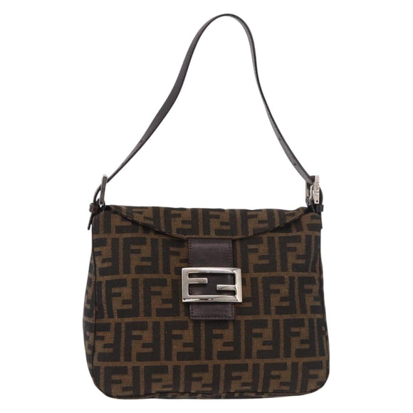 FENDI Zucca Canvas Mamma Baguette Shoulder Bag Black Brown Auth 185507SAV
