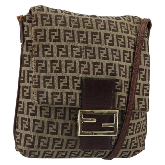 FENDI Zucchino Canvas Mamma Baguette Shoulder Bag Beige Gold Auth 185509