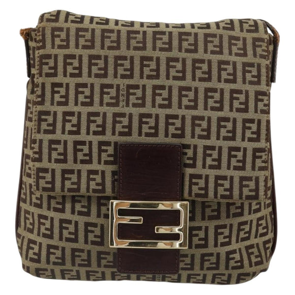 FENDI Zucchino Canvas Mamma Baguette Shoulder Bag Beige Gold Auth 185509