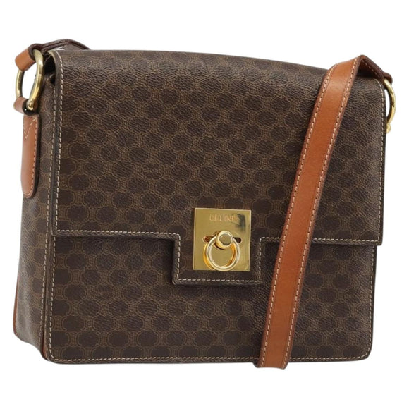 CELINE Macadam Canvas Shoulder Bag PVC Leather Brown Gold Auth 185532