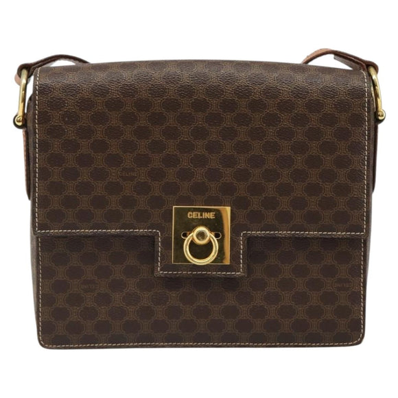 CELINE Macadam Canvas Shoulder Bag PVC Leather Brown Gold Auth 185532