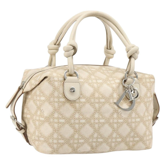 Christian Dior Panarea Hand Bag Canvas Ivory Silver Auth 185536A