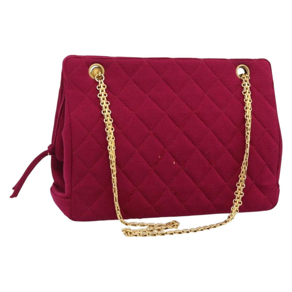 CHANEL Matelasse Chain Shoulder Bag Cotton Jersey Wine Red Gold CC Auth 185539