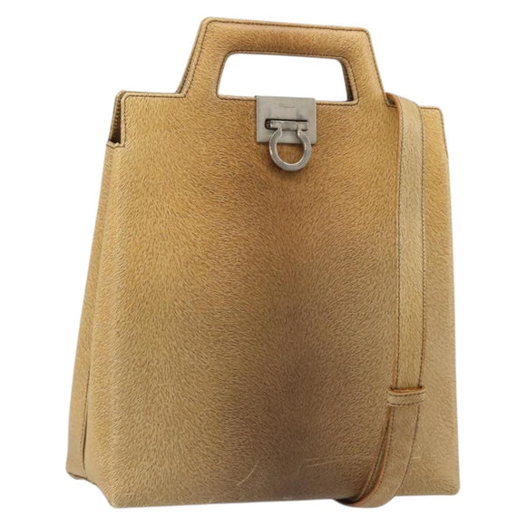 Salvatore Ferragamo Gancini Shoulder Bag Leather Beige Silver Auth 185544