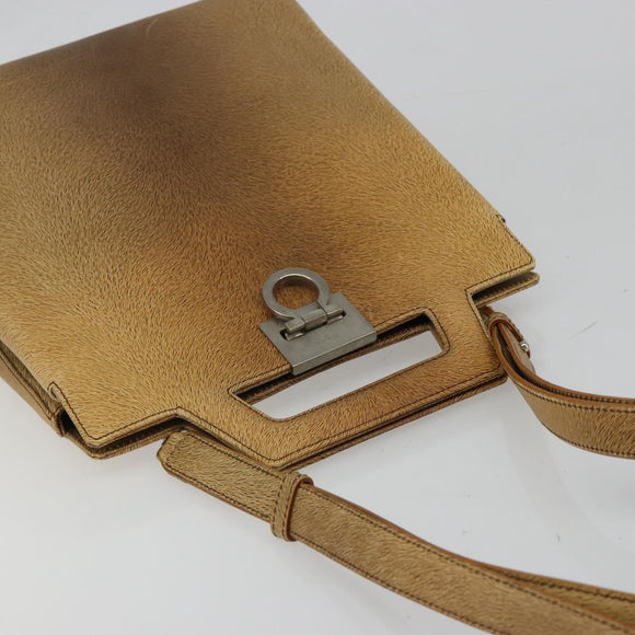Salvatore Ferragamo Gancini Shoulder Bag Leather Beige Silver Auth 185544