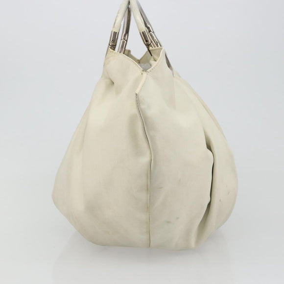 Christian Dior Hand Bag Leather White Silver Auth 185555
