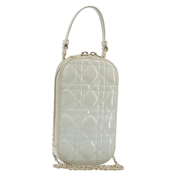 Christian Dior Cannage Phone Pouch Chain Bag Patent Light Blue Gold Auth 185556