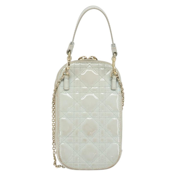 Christian Dior Cannage Phone Pouch Chain Bag Patent Light Blue Gold Auth 185556