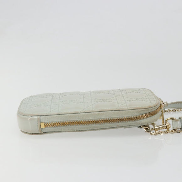 Christian Dior Cannage Phone Pouch Chain Bag Patent Light Blue Gold Auth 185556