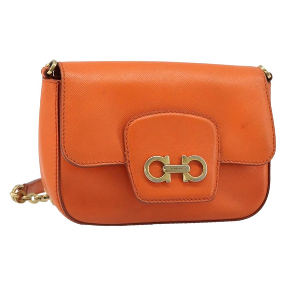Salvatore Ferragamo Gancini Chain Shoulder Bag Leather Orange Gold Auth 185560