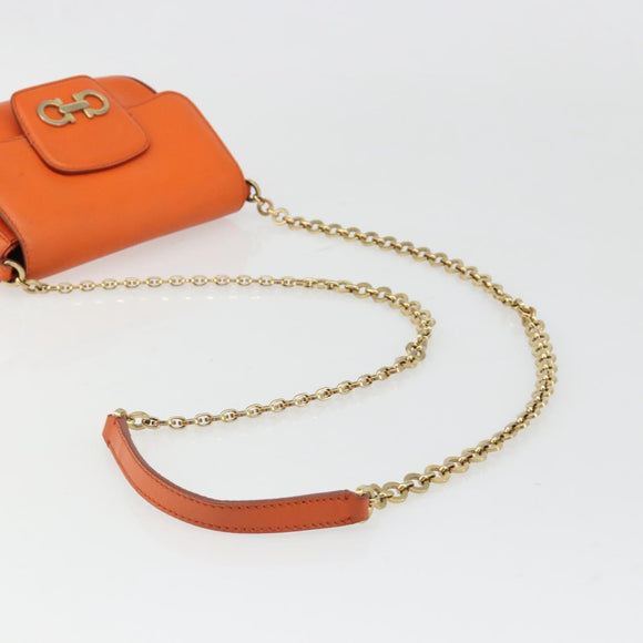 Salvatore Ferragamo Gancini Chain Shoulder Bag Leather Orange Gold Auth 185560