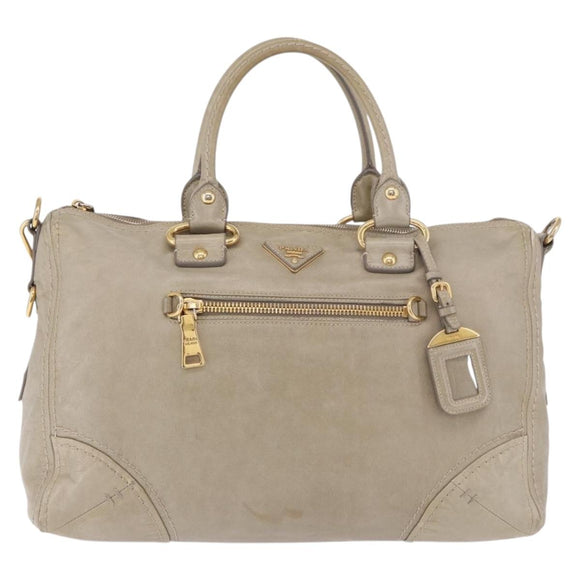 PRADA Hand Bag Leather 2way Khaki Gold Auth 185582A