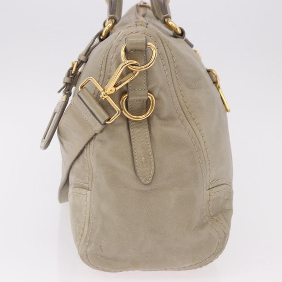 PRADA Hand Bag Leather 2way Khaki Gold Auth 185582A