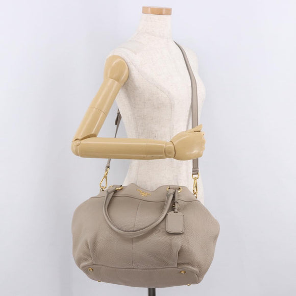 PRADA Tote Bag Leather 2way Beige Gold Auth 185585A