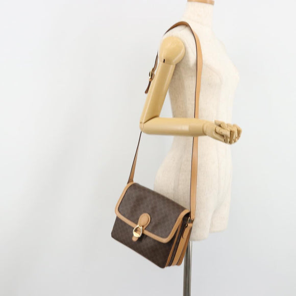 CELINE Macadam Canvas Shoulder Bag PVC Leather Brown Gold Auth 185586A