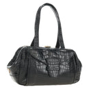 PRADA Hand Bag Leather Croco Embossed Black Gold Auth 185588V-1