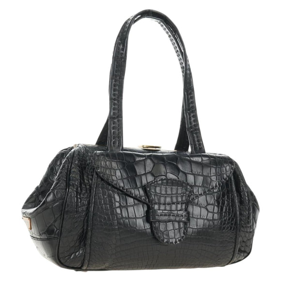 PRADA Hand Bag Leather Croco Embossed Black Gold Auth 185588V